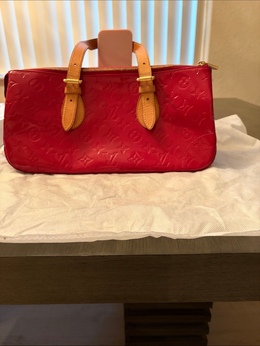 Louis Vuitton Red Patent Monogram Satchel with Tan Leather Handles